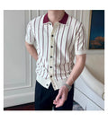 White Stripe Button Up Knit Polo by Emporeo
