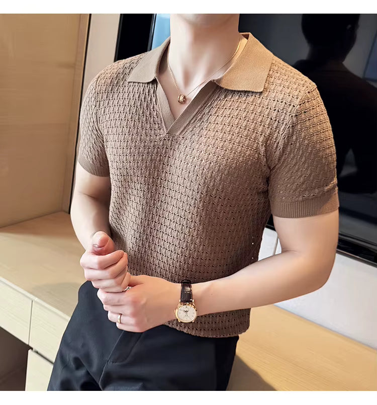 Light Brown Textured Knit Polo by Emporeo
