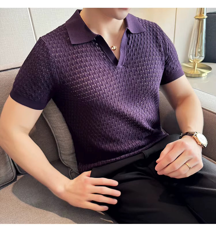Deep Purple Textured Knit Polo by Emoporeo