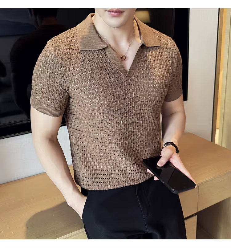 Light Brown Textured Knit Polo by Emporeo