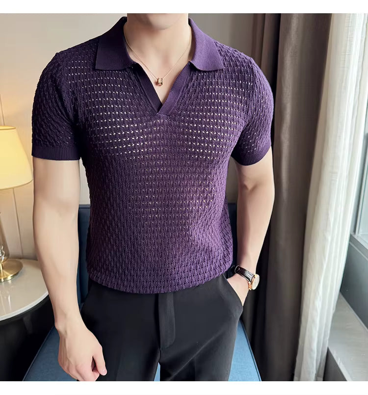 Deep Purple Textured Knit Polo by Emoporeo