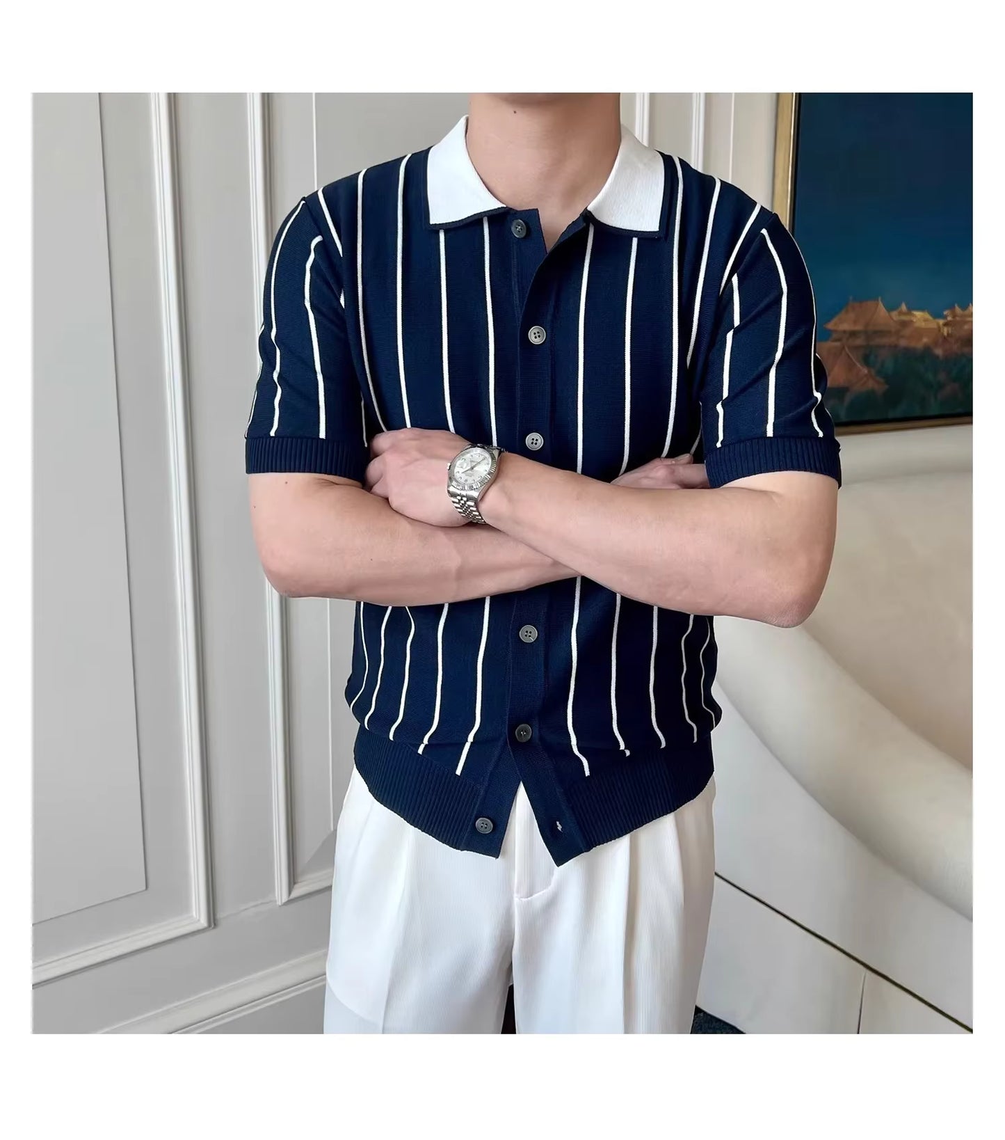 Oxford Pinstripe Navy Blue Knit Polo by Emporeo