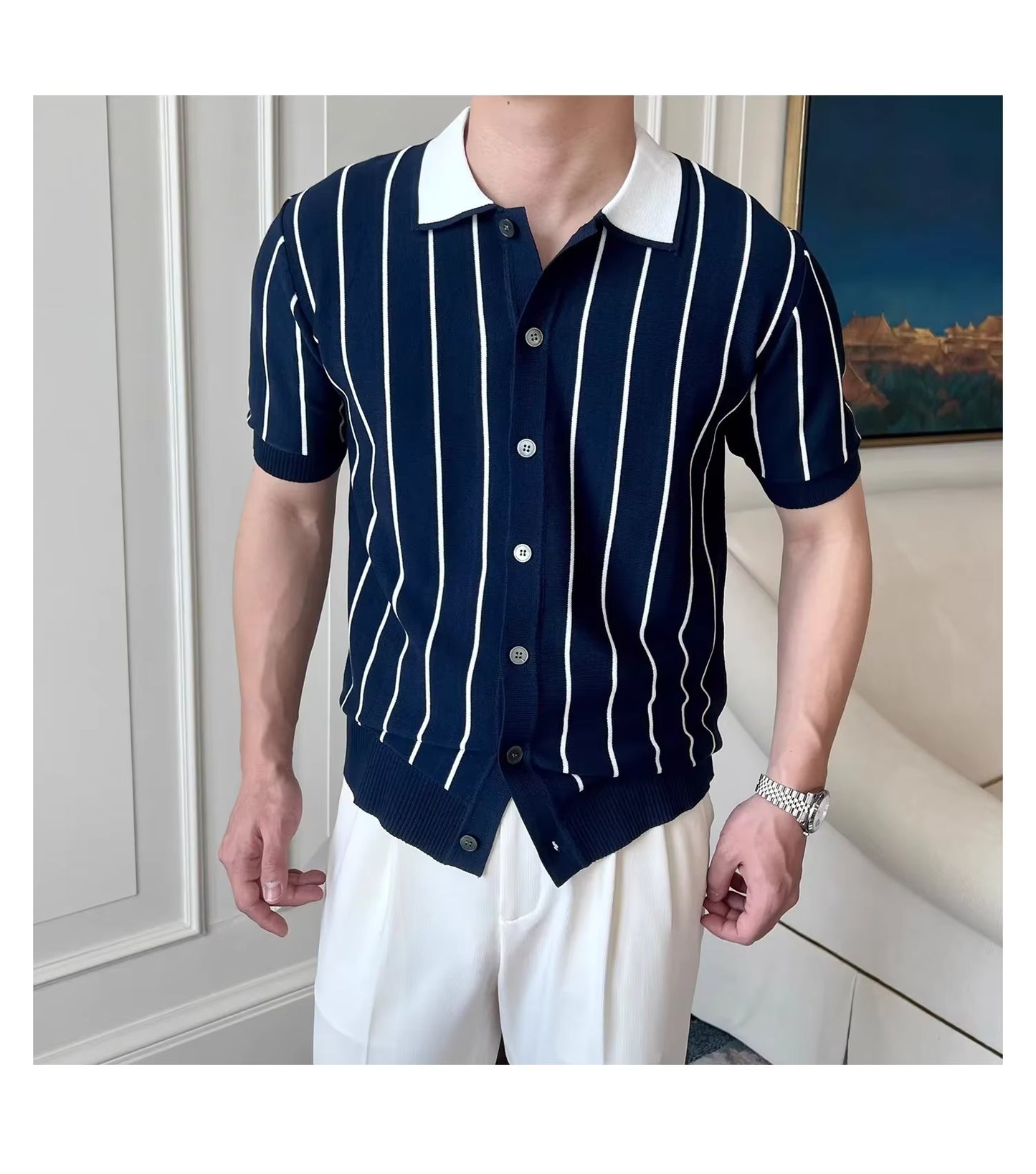 Oxford Pinstripe Navy Blue Knit Polo by Emporeo