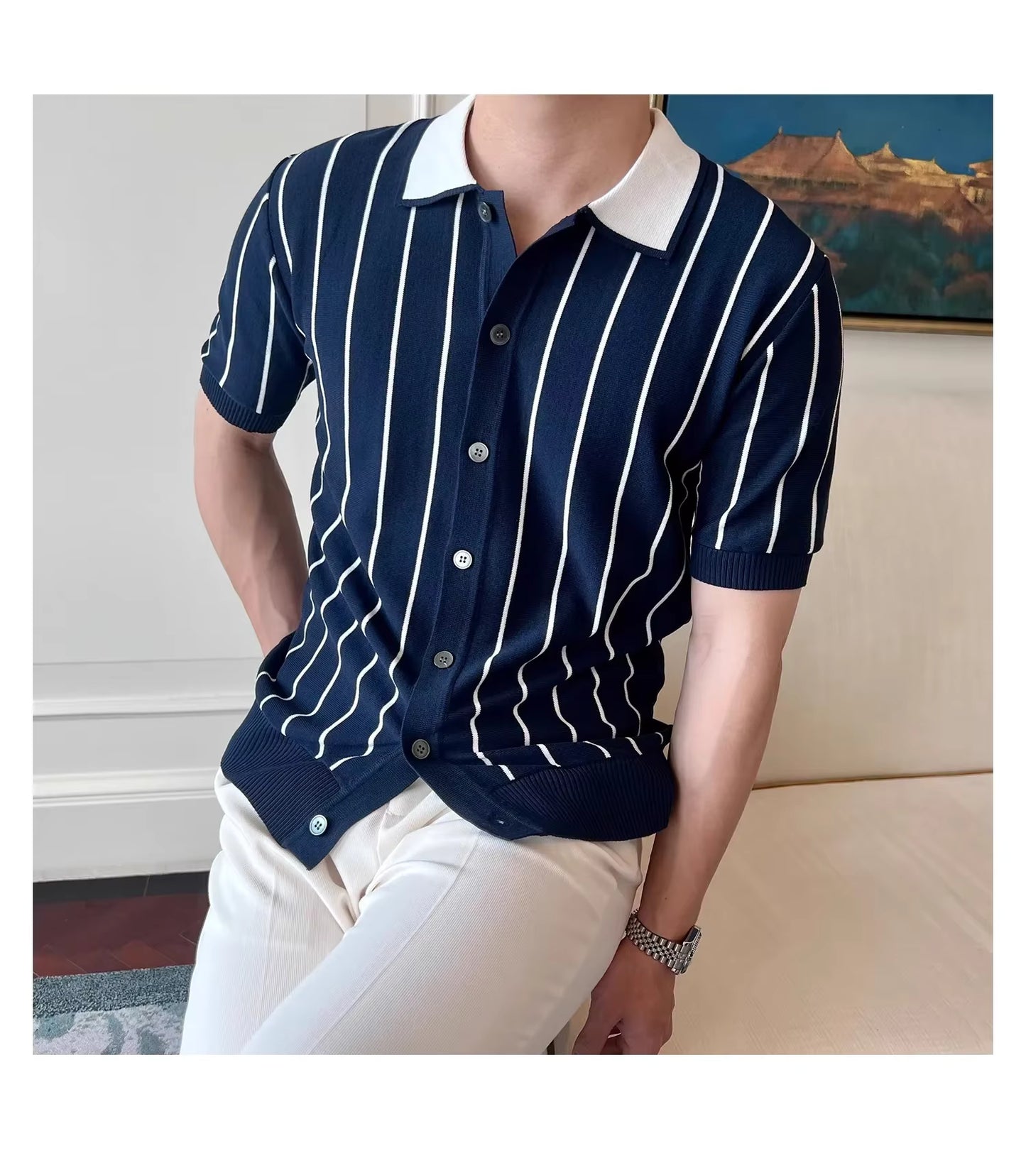 Oxford Pinstripe Navy Blue Knit Polo by Emporeo