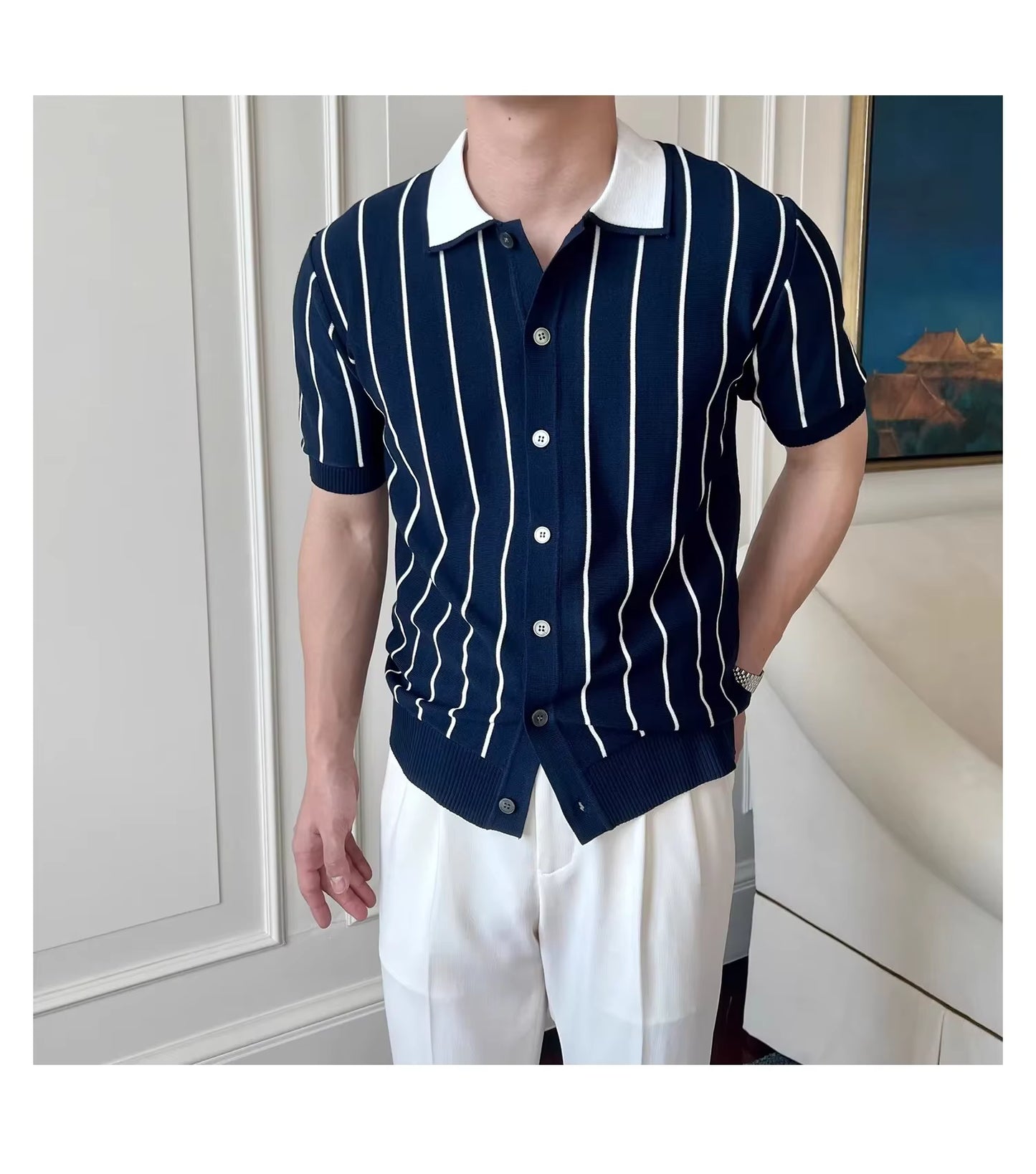 Oxford Pinstripe Navy Blue Knit Polo by Emporeo