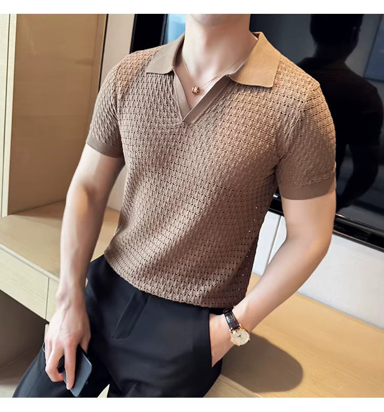 Light Brown Textured Knit Polo by Emporeo