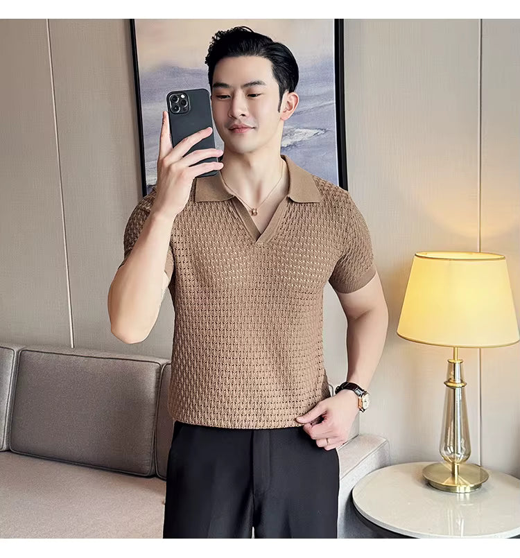 Light Brown Textured Knit Polo by Emporeo