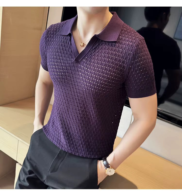Deep Purple Textured Knit Polo by Emoporeo