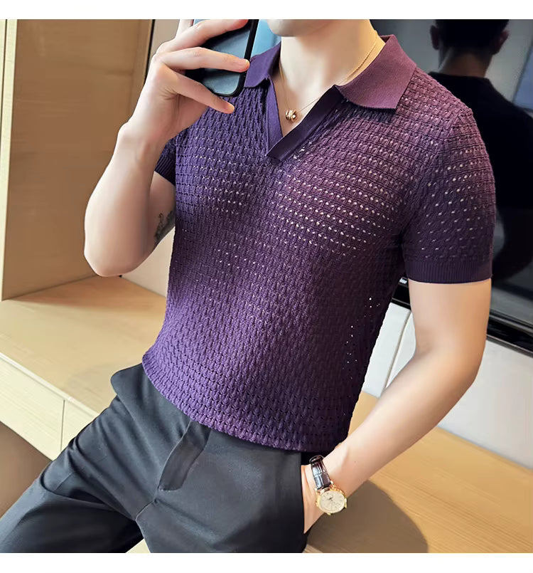 Deep Purple Textured Knit Polo by Emoporeo