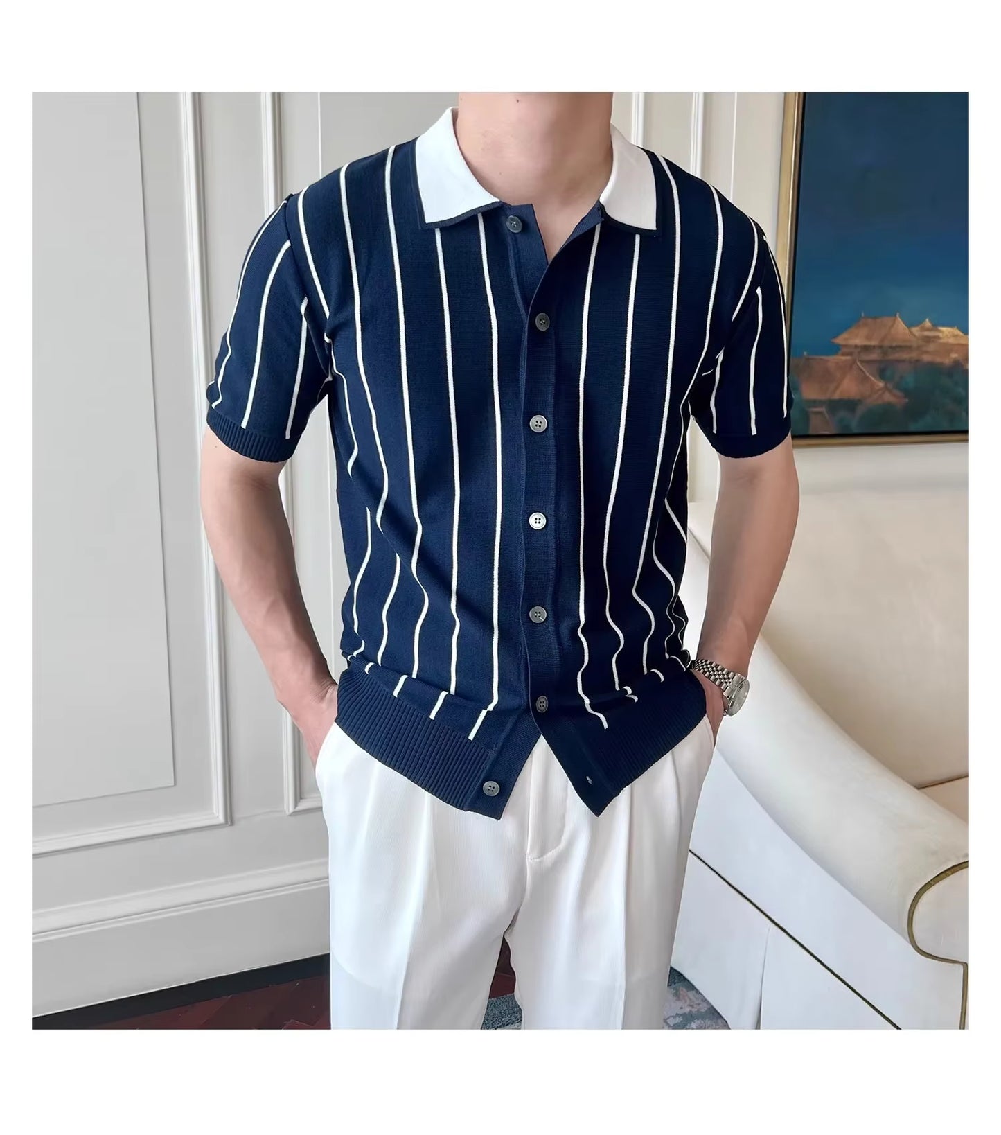 Oxford Pinstripe Navy Blue Knit Polo by Emporeo