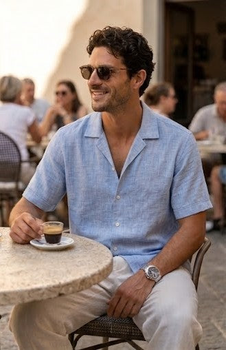 Men's Sky Blue Linen Cuban Collar Shirt – Premium Resort Fit Linen Shirt