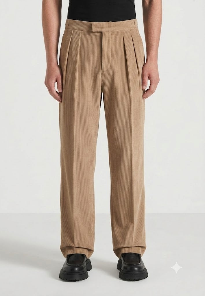 Brown Two Pleated Relaxed Fit Corduroy Trouser by Emporeo