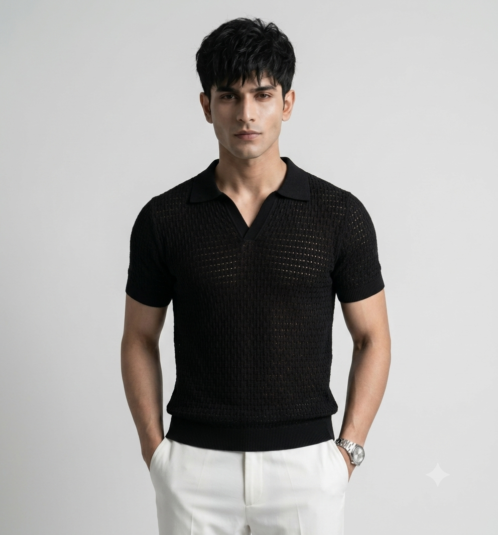 Black Weave Knit Polo by Emporeo