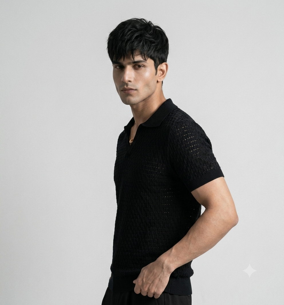 Black Weave Knit Polo by Emporeo