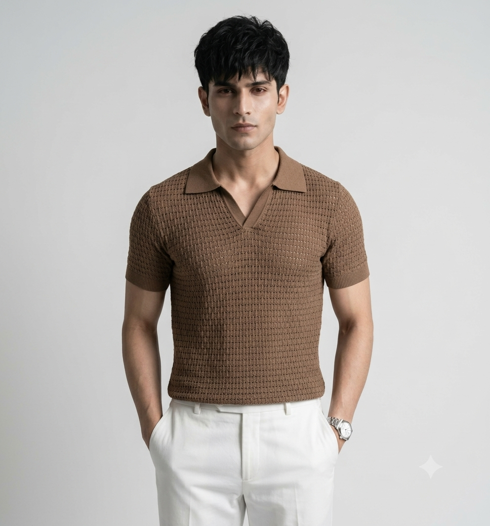 Brown Weave Knit Polo by Emporeo