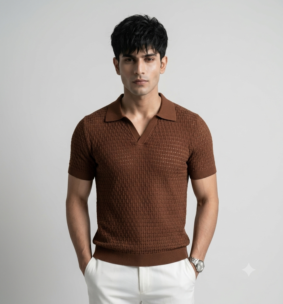 Dark Brown Weave Knit Polo by Emporeo