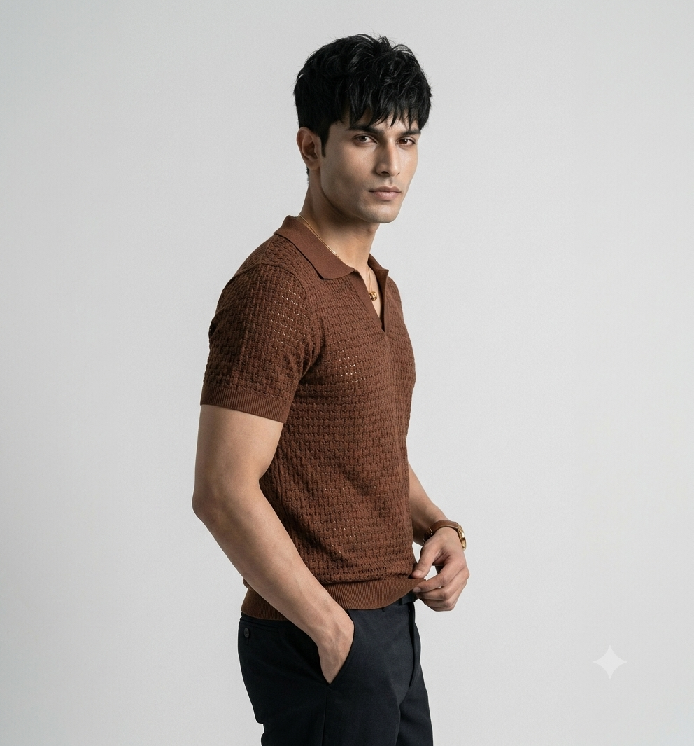 Dark Brown Weave Knit Polo by Emporeo