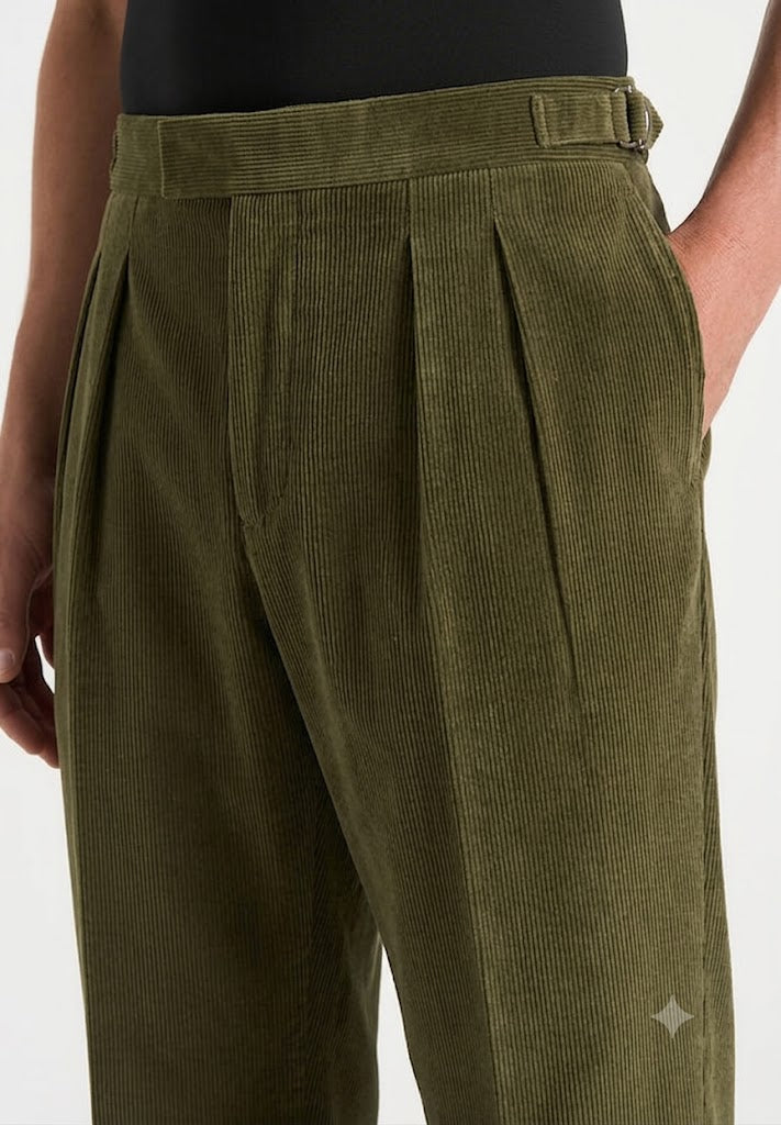 Olive Two Pleated Relaxed Fit Corduroy Trouser by Emporeo