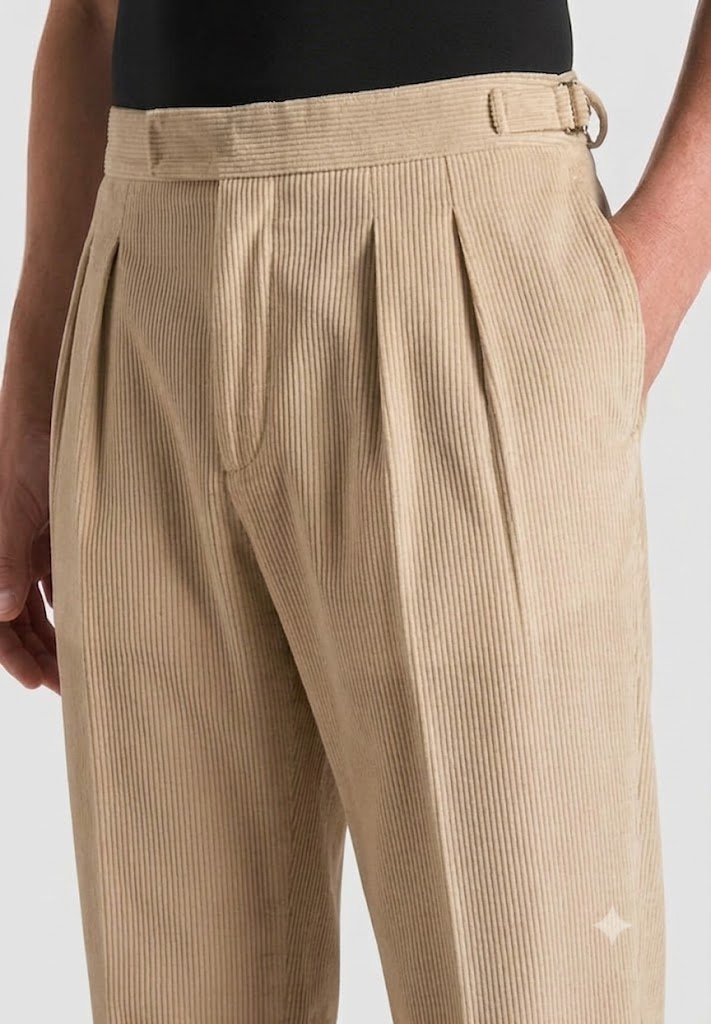 Beige Two Pleated Relaxed Fit Corduroy Trouser by Emporeo