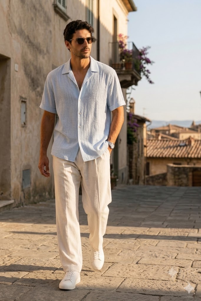Men's Sky Blue Linen Cuban Collar Shirt – Premium Resort Fit Linen Shirt