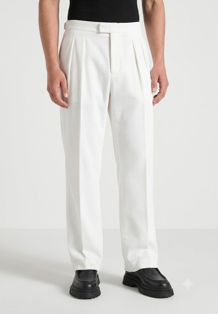 White Two Pleated Relaxed Fit Corduroy Trouser by Emporeo