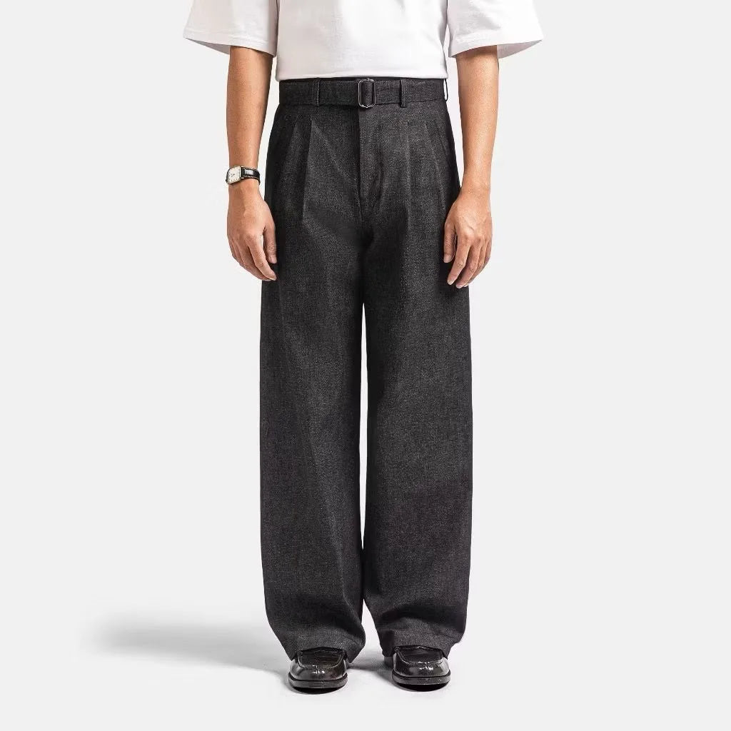 Black Denim Elite Belted Baggy Tailored Trouser by Emporeo