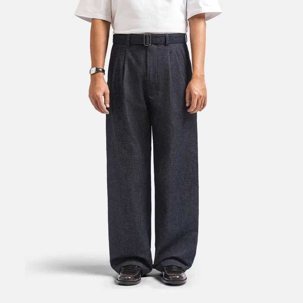 Dark Blue Denim Elite Belted Baggy Tailored Trouser by Emporeo
