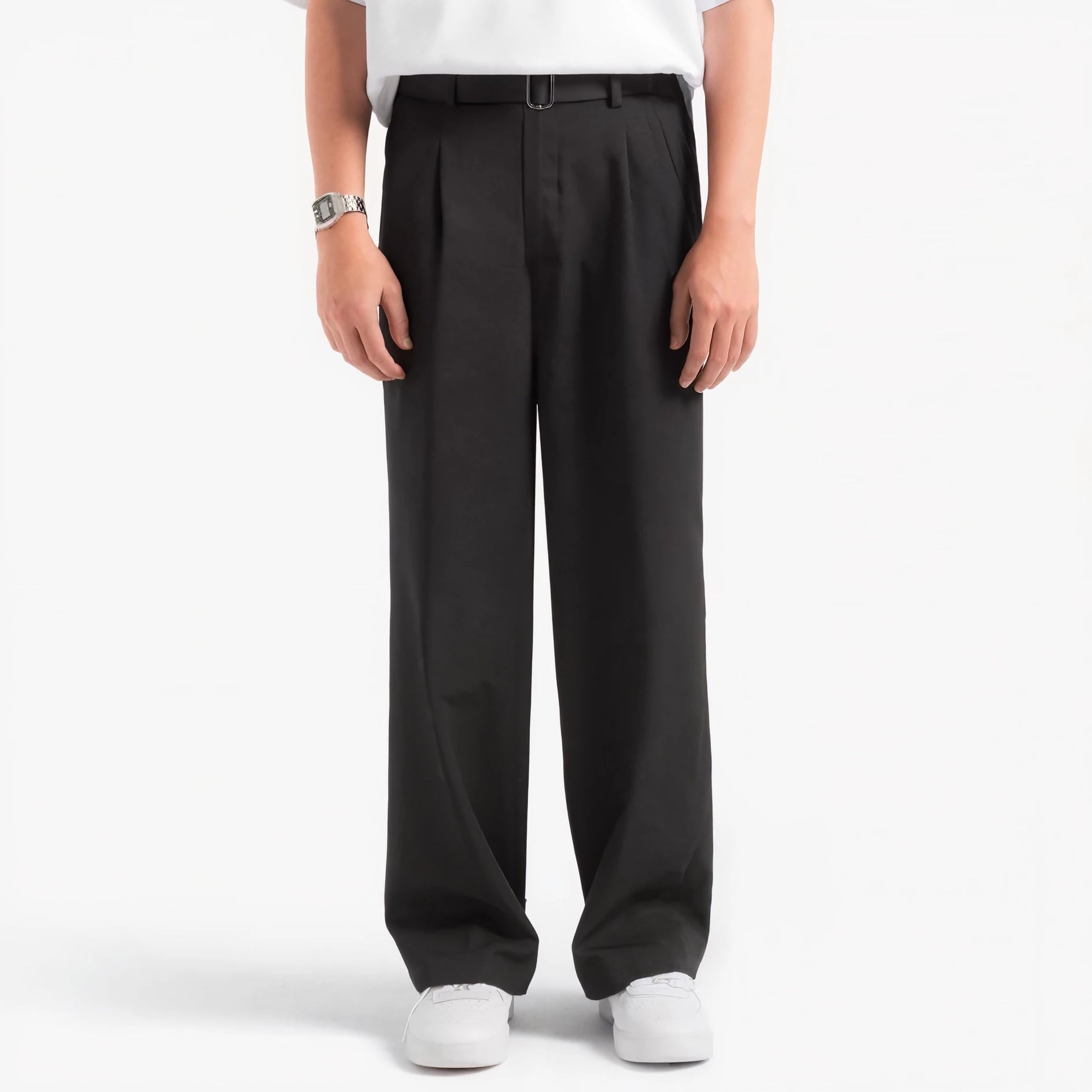 Black Elite Belted Baggy Tailored Trouser by Emporeo