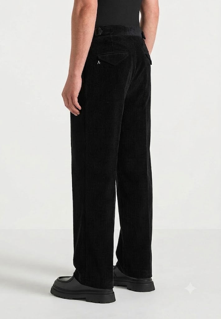 Black Two Pleated Relaxed Fit Corduroy Trouser by Emporeo