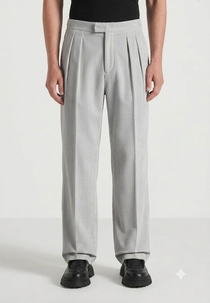 Light Grey Two Pleated Relaxed Fit Corduroy Trouser by Emporeo