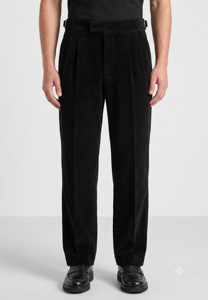 Black Two Pleated Relaxed Fit Corduroy Trouser by Emporeo