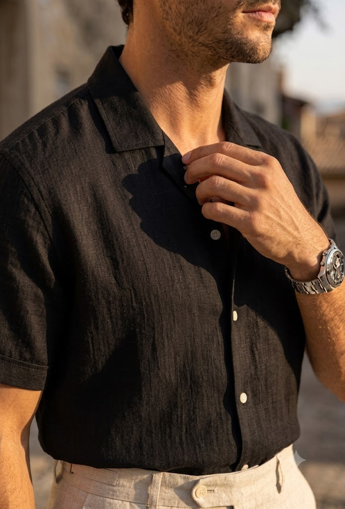 Men's Black Linen Cuban Collar Shirt – Premium Resort Fit Linen Shirt for Men