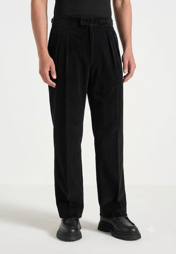 Black Two Pleated Relaxed Fit Corduroy Trouser by Emporeo