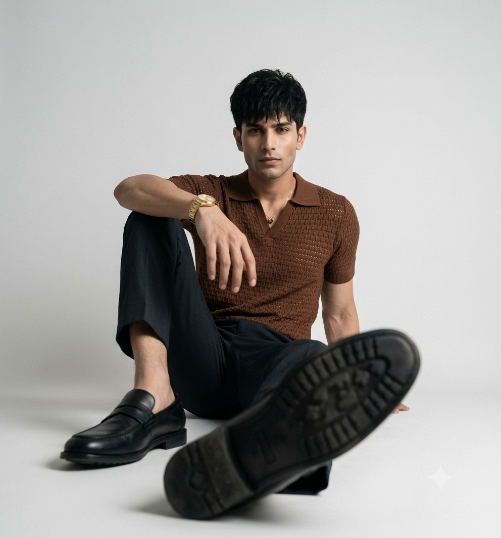 Dark Brown Weave Knit Polo by Emporeo