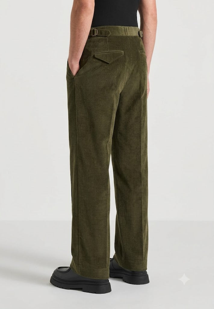 Olive Two Pleated Relaxed Fit Corduroy Trouser by Emporeo