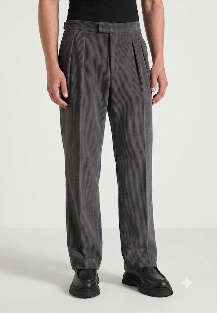 Dark Grey Two Pleated Relaxed Fit Corduroy Trouser by Emporeo