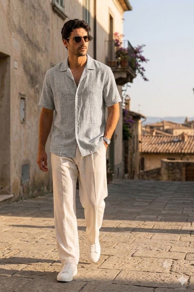 Men's Light Grey Linen Cuban Collar Shirt – Premium Resort Linen Shirt