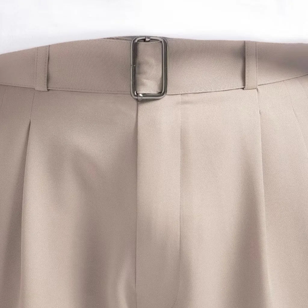 Beige Elite Belted Baggy Tailored Trouser by Emporeo
