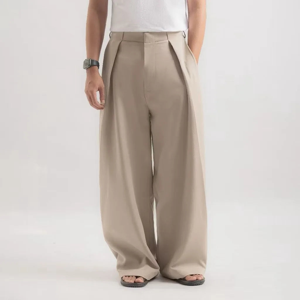 Beige Drape Pleated Baggy Tailored Trouser by Emporeo