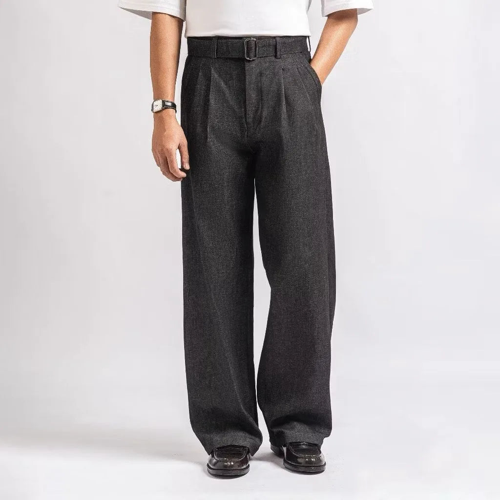 Black Denim Elite Belted Baggy Tailored Trouser by Emporeo