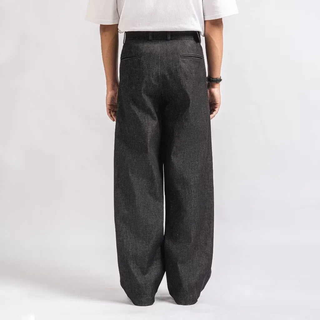 Black Denim Elite Belted Baggy Tailored Trouser by Emporeo