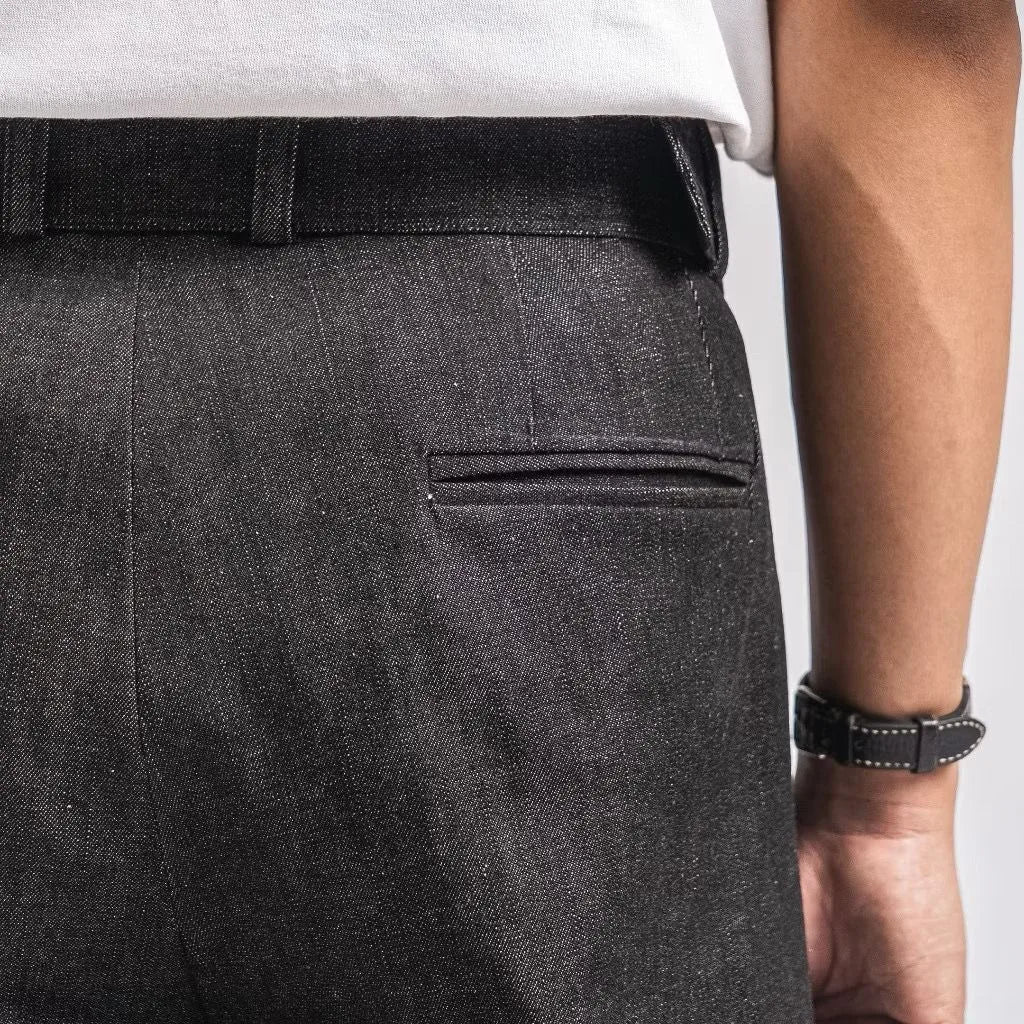 Black Denim Elite Belted Baggy Tailored Trouser by Emporeo