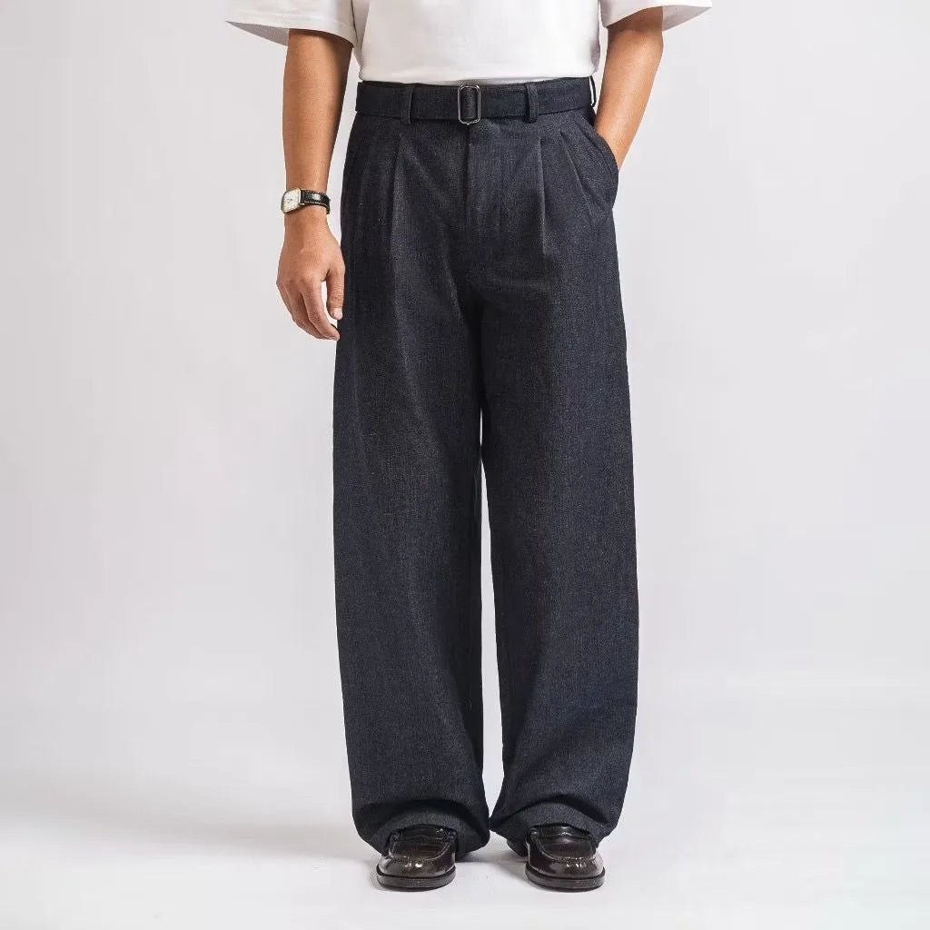 Dark Blue Denim Elite Belted Baggy Tailored Trouser by Emporeo
