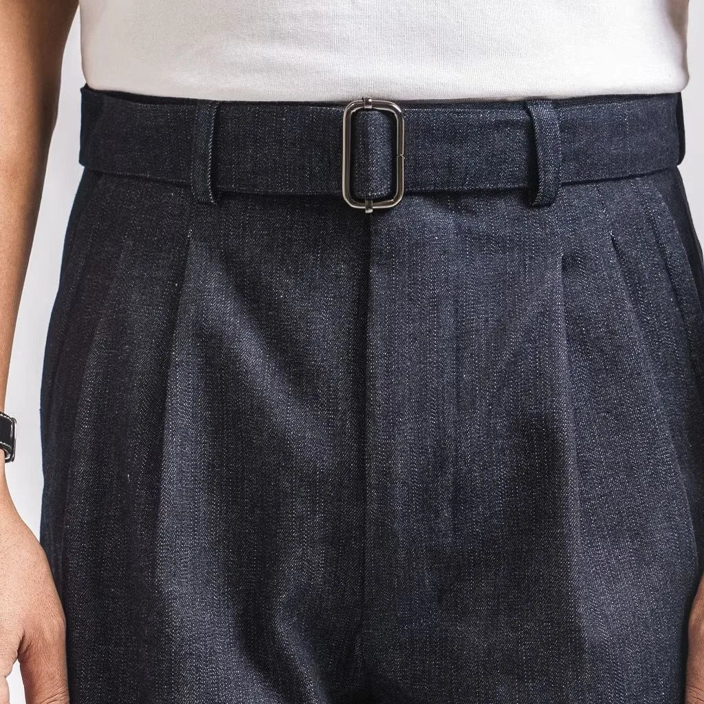Dark Blue Denim Elite Belted Baggy Tailored Trouser by Emporeo