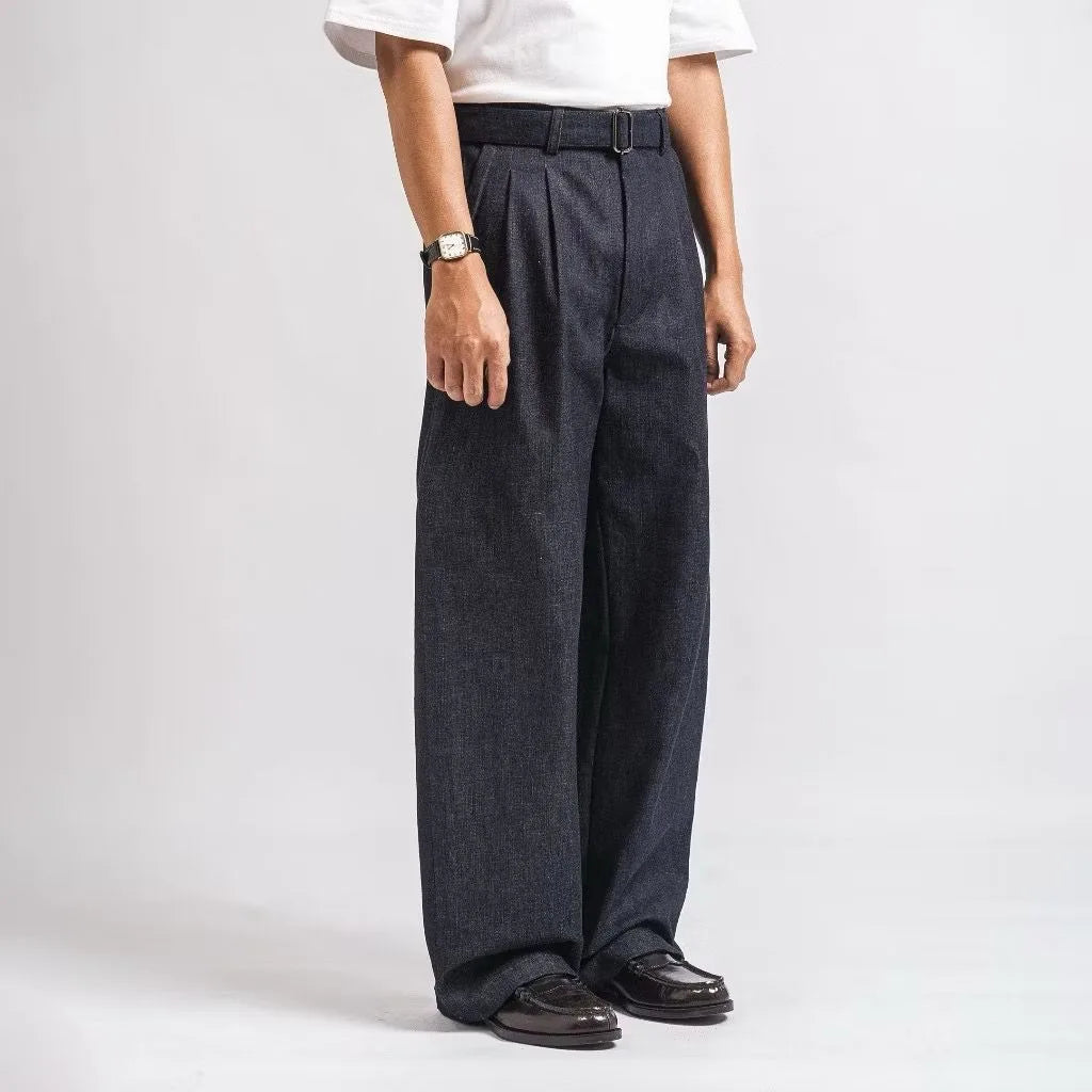 Dark Blue Denim Elite Belted Baggy Tailored Trouser by Emporeo