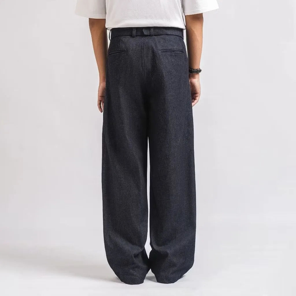 Dark Blue Denim Elite Belted Baggy Tailored Trouser by Emporeo