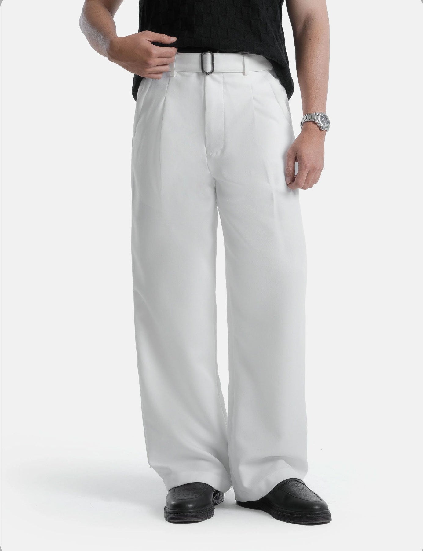 White Elite Belted Baggy Tailored Trouser by Emporeo