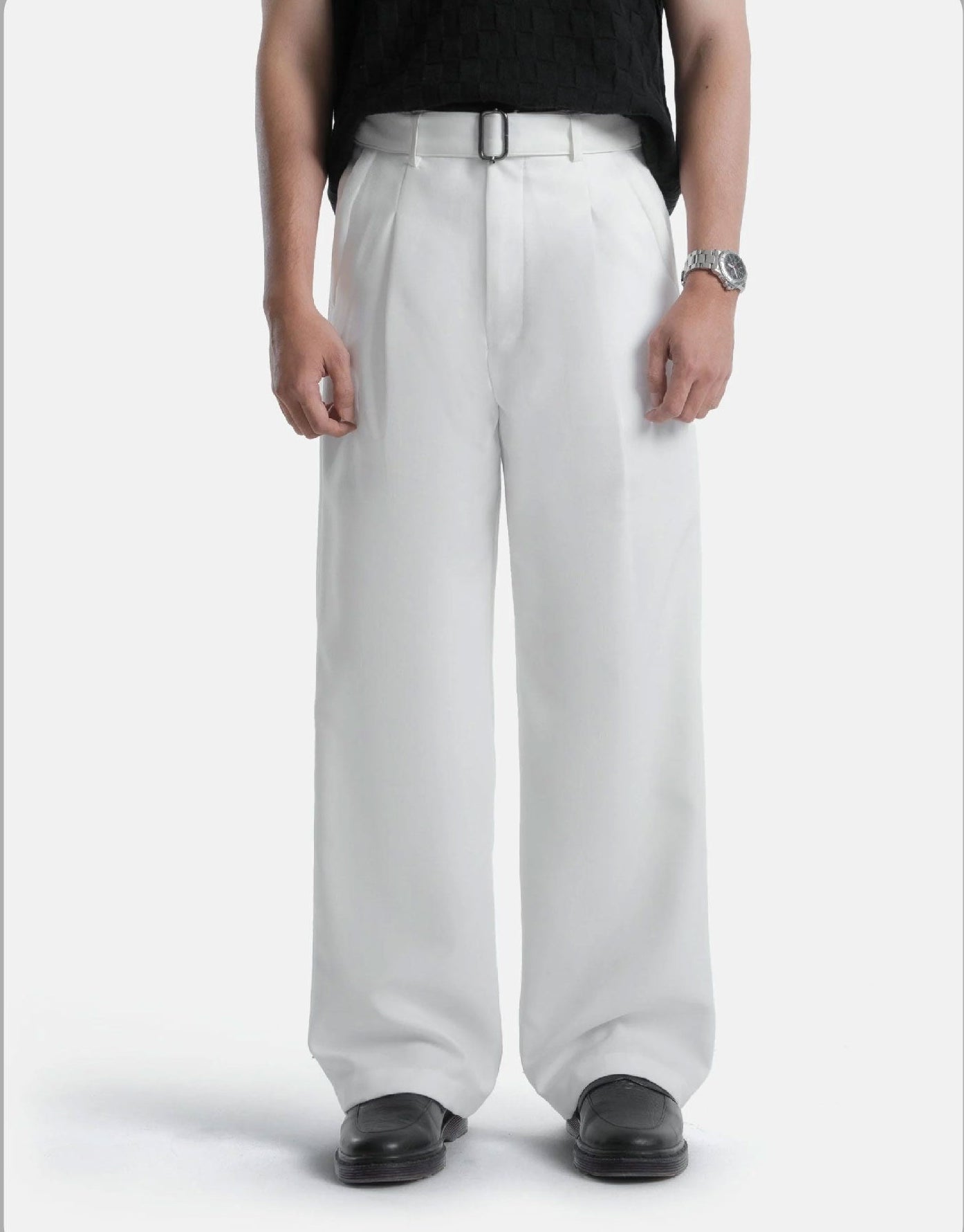 White Elite Belted Baggy Tailored Trouser by Emporeo