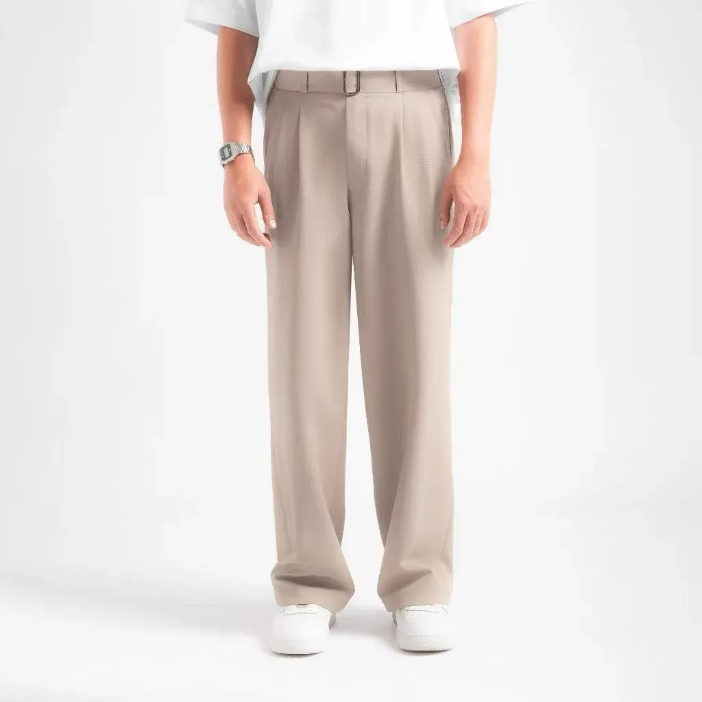 Beige Elite Belted Baggy Tailored Trouser by Emporeo