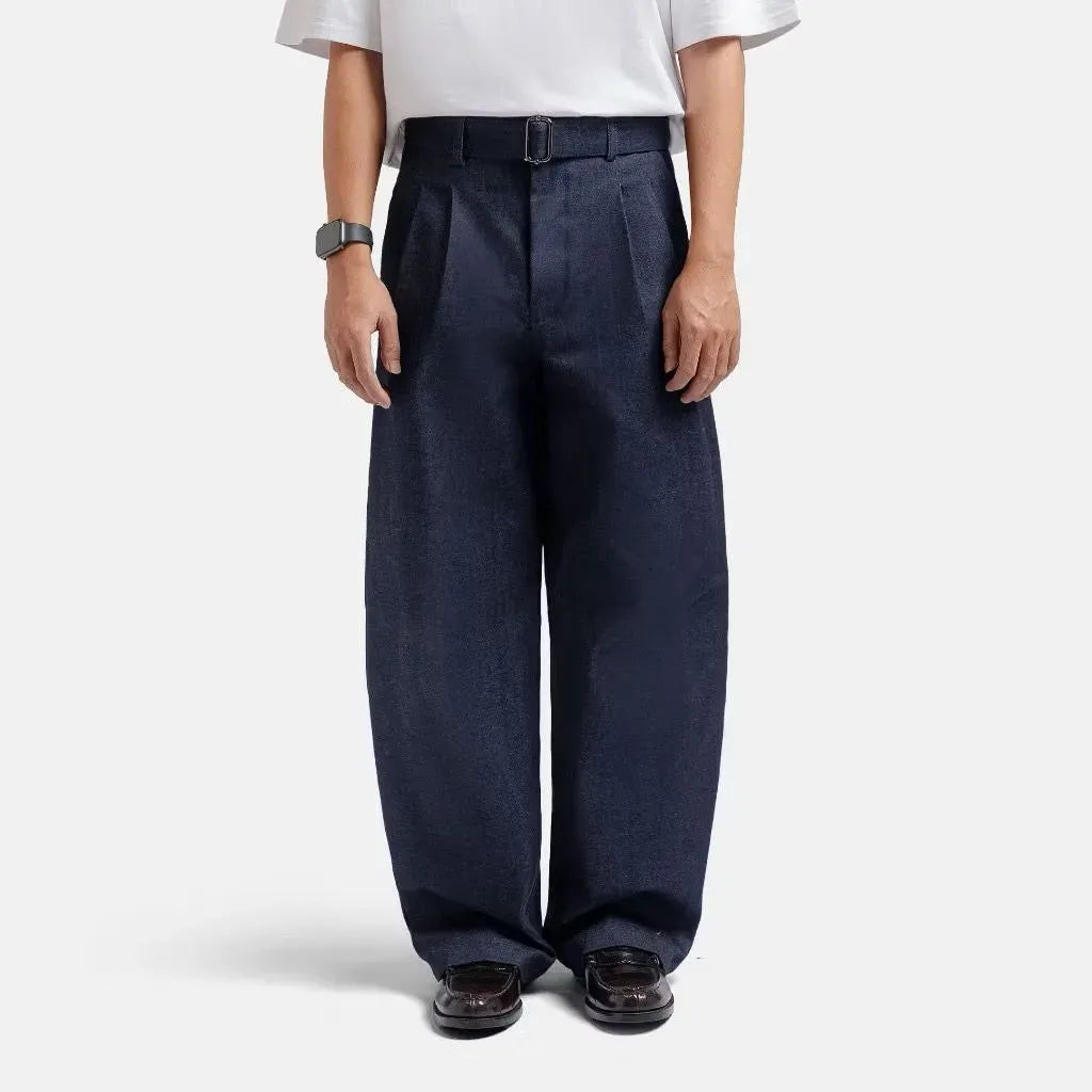 Navy Blue Denim Elite Belted Baggy Tailored Trouser by Emporeo